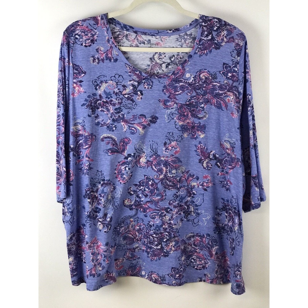 Catherines 3/4 Sleeve Blue Print Knit Top Size 4X Scoop Neck Pullover